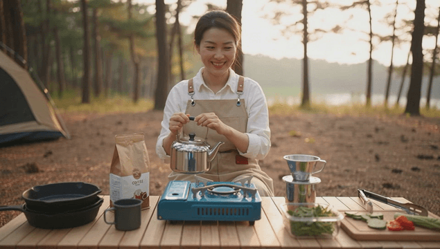 Woman preparing coffee at campsite