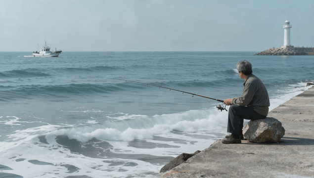 Old man fishing in rough waves