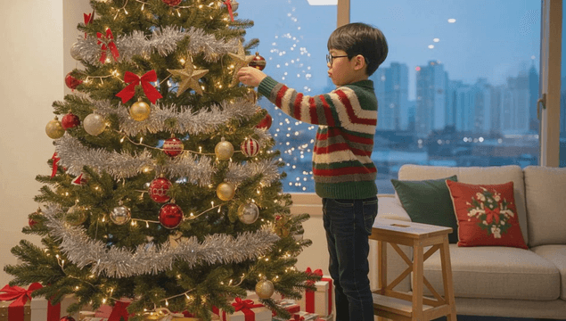 집에서 크리스마스 트리를 장식하는 아이