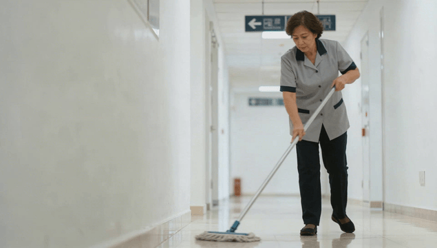Middle-aged janitor cleaning the hallway with a mop