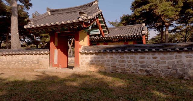 Traditional Korean building in a forest