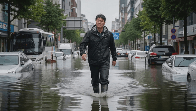 Man walking through flooded street with submerged cars
