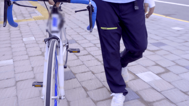 Person walking a bicycle on a sidewalk