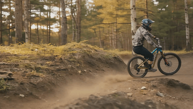 Mountain biking through a forest trail