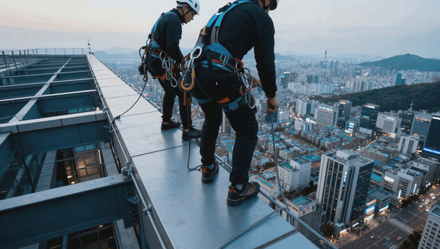 Workers on high-rise rooftop at dawn