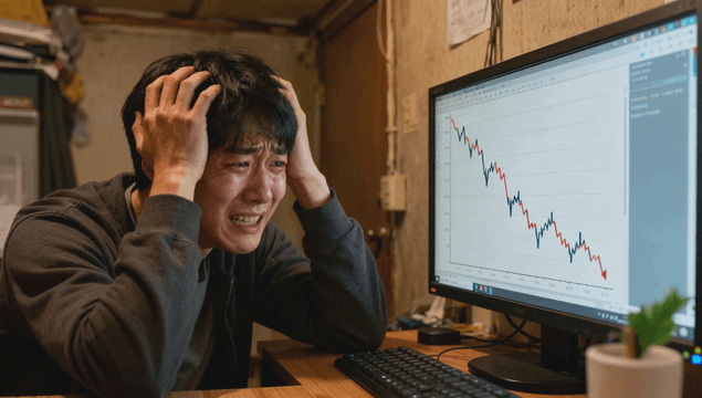 Young man distressed by falling stock chart