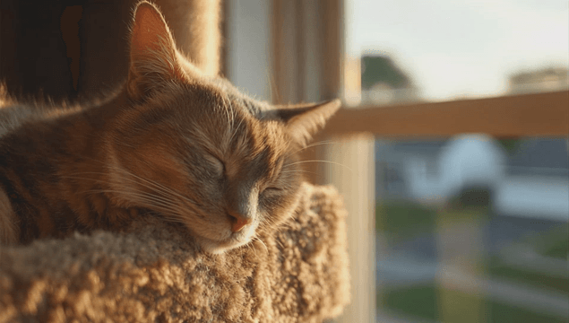 A cat peacefully sleeping by the window