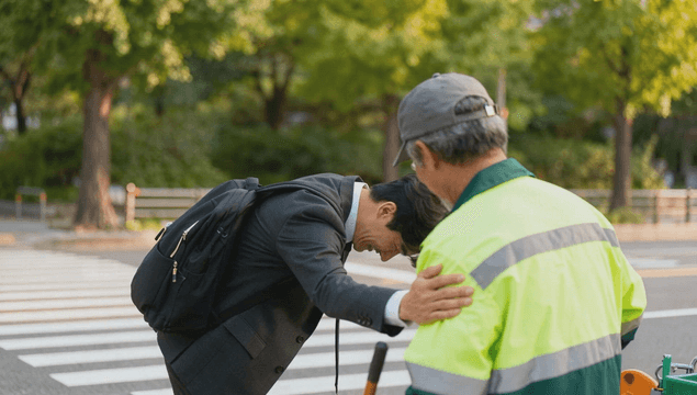 Young office worker greeting an elderly street cleaner at a crosswalk