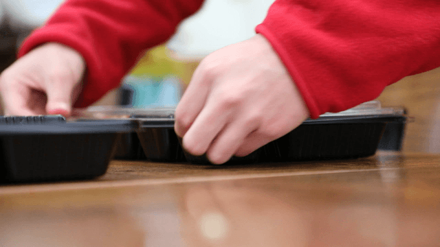Hands preparing a meal in a container