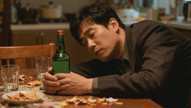 Middle-aged man falling asleep at a table holding a soju bottle