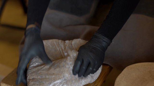Hands kneading sawdust mixture inside plastic bag