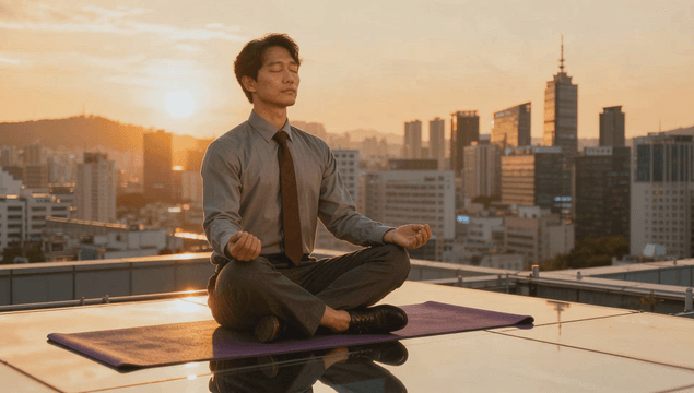 Man meditating on rooftop at sunset
