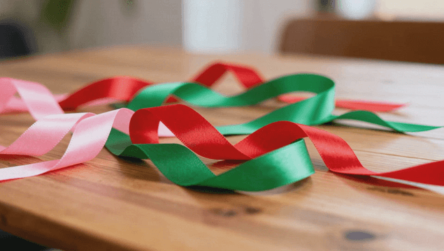 나무 테이블 위의 다채로운 리본