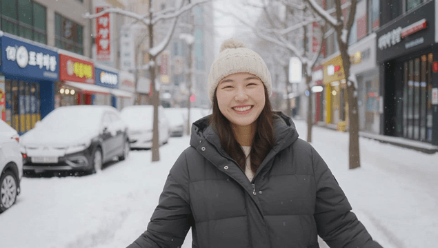Woman enjoying a snowy day on the street