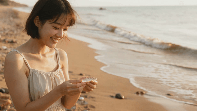 Young woman collecting shells on beach