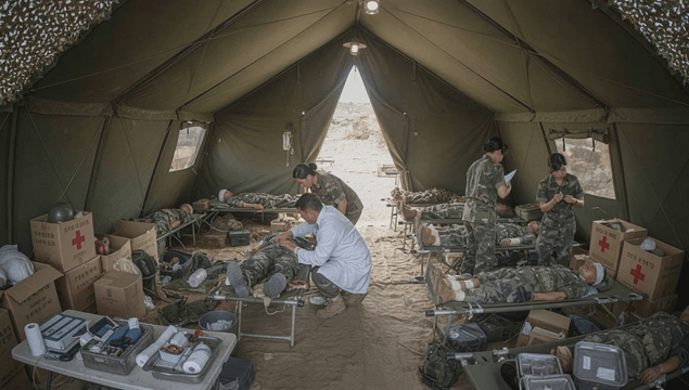 Military medical tent with soldiers receiving treatment