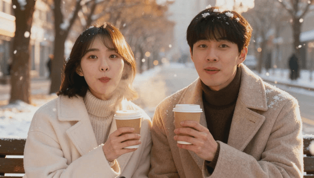 Couple enjoying warm coffee on a snowy park bench