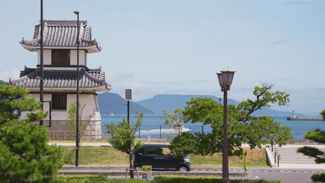 Traditional Japanese castle building by the seaside