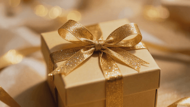반짝이는 리본이 달린 황금 선물 상자