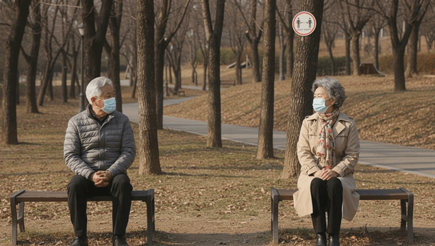 거리두기를 유지하며 공원 벤치에서 휴식하는 마스크 낀 노부부