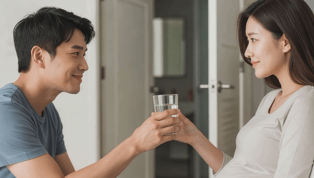 Husband handing a water cup to his pregnant wife