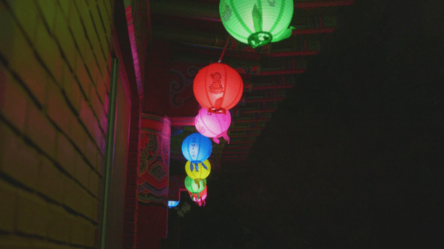 Colorful lanterns for Buddha's Birthday on a rainy night