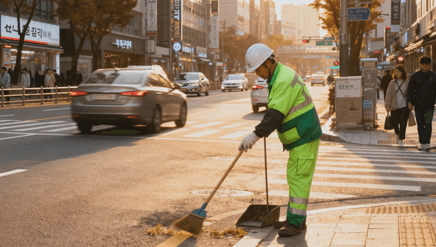 Road cleaner working on a busy road