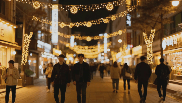 크리스마스 조명이 있는 번화한 야간 거리