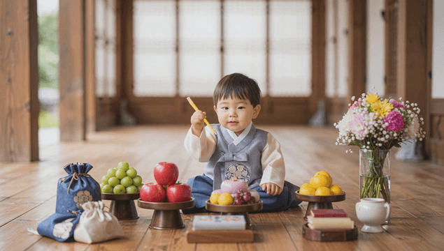 Baby’s first birthday party in Korean traditional attire