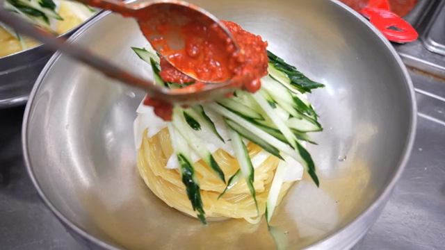 Korean Cold Buckwheat Noodles with cucumber and sauce