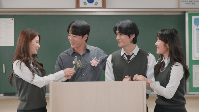 Students giving flowers to their teacher on Teacher’s Day