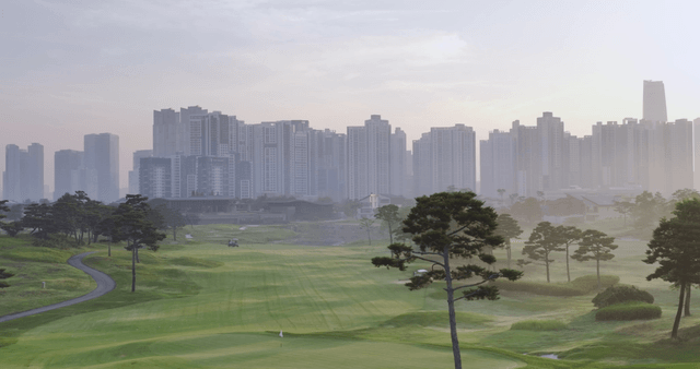 City skyline with a golf club