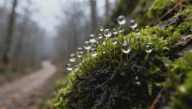 Dew-covered moss in forest