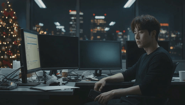 Man working late in an office at night