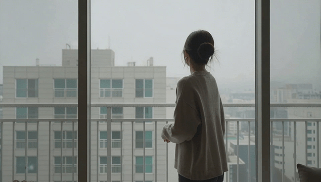 Woman wearing a mask looking out from a balcony