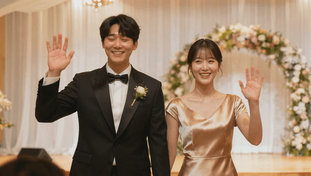 Newlyweds waving at a wedding reception
