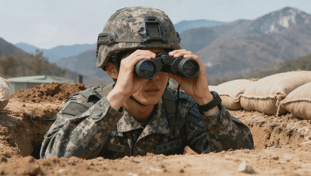 Soldier observing through binoculars in a trench