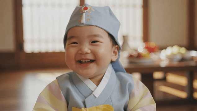 A baby in traditional Korean attire smiling indoors