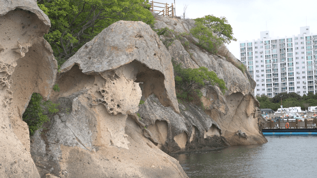 잔잔한 물가의 독특한 바위