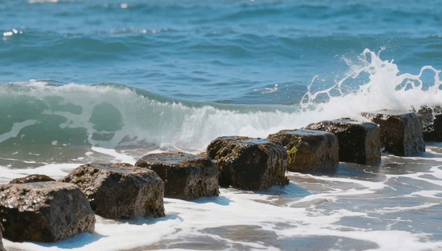 Waves crashing onto rocky coastal path