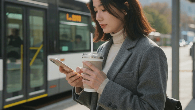 Office worker waiting at bus stop with coffee