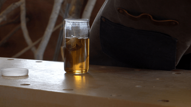 Glass bottle brewing tea with teabag