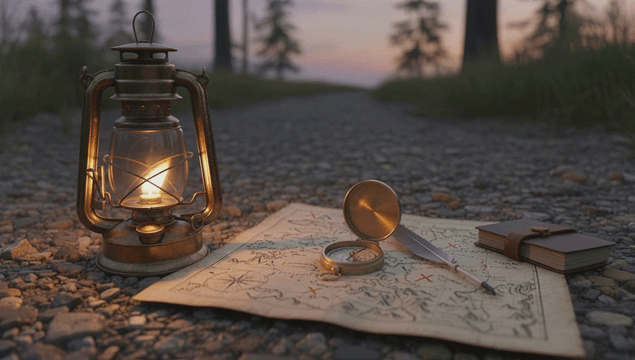 해질녘 숲길에 놓인 랜턴과 지도