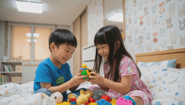 Children happily playing with building blocks