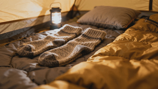 Windy camping tent interior with socks and lantern