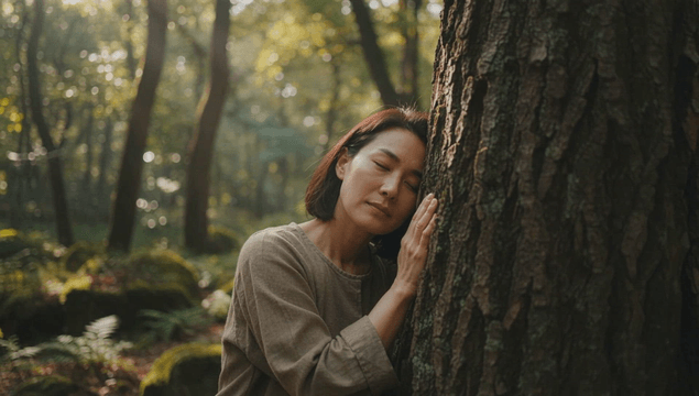 고요한 숲에서 나무를 안고 쉬는 평온한 여성