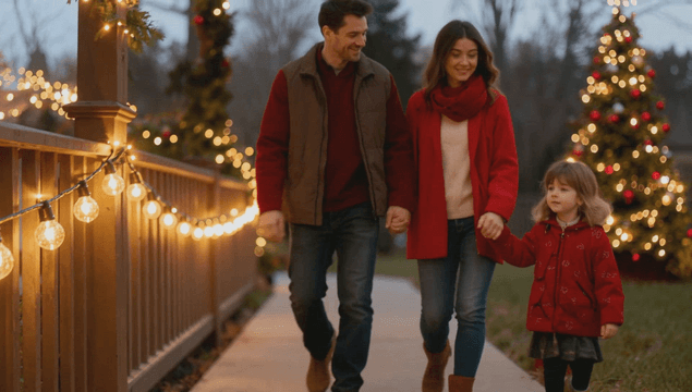 크리스마스 장식된 길을 걷는 가족
