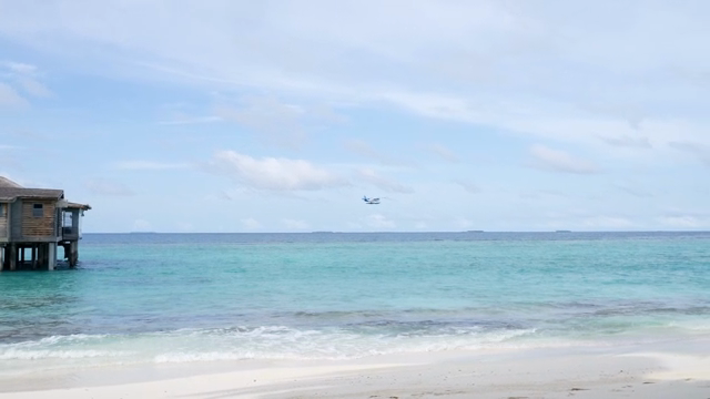 A serene beach with a seaplane flying