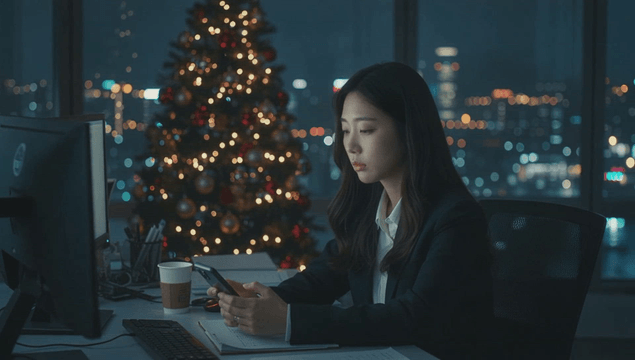 Office worker using phone at night with Christmas tree