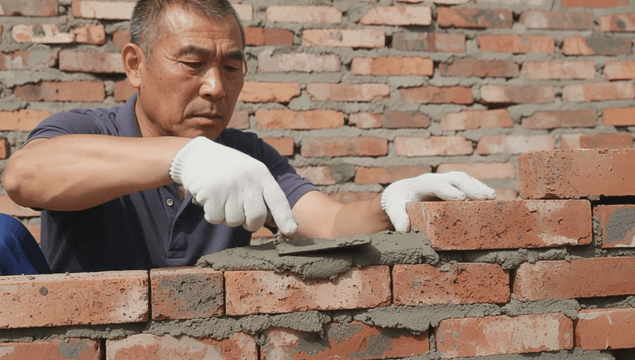 Construction worker applying cement on bricks